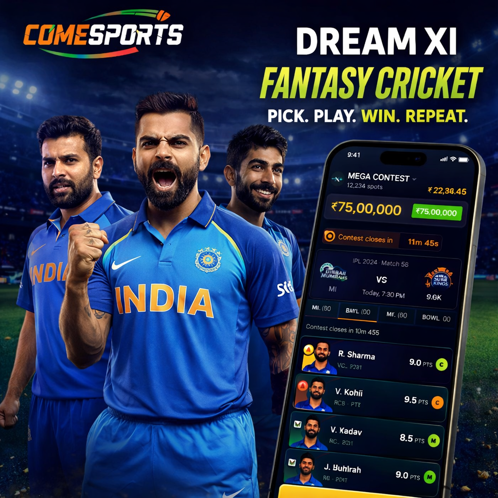 Come Cricket Link fantasy cricket and India team visual